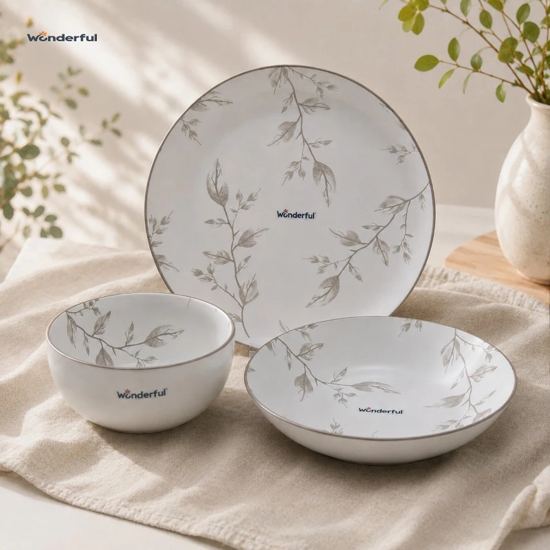 \Watercolor Gray Leaf Ceramic Dinnerware Set \Watercolor Gray Leaf Ceramic Dinnerware Set